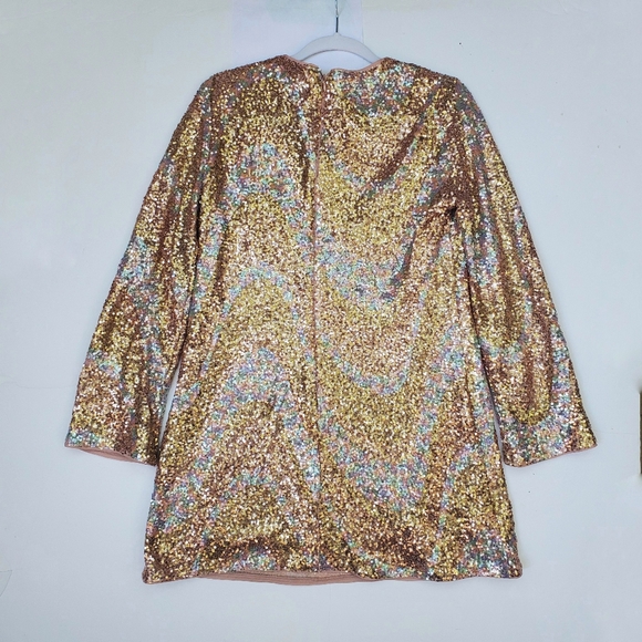 New Sequin Mini Dress Flare Sleeve Stretchy Pastel Champagne Size M NWT! Rose - Picture 4 of 12